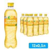 Святой Источник со вкусом лимон + цитрус, газ, пэт, 0.5 литра, 12 шт. в уп.